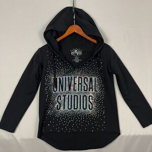 Universal Studios Hoodie Women XS Black Sequin Logo Cotton High Low Hem Pullover